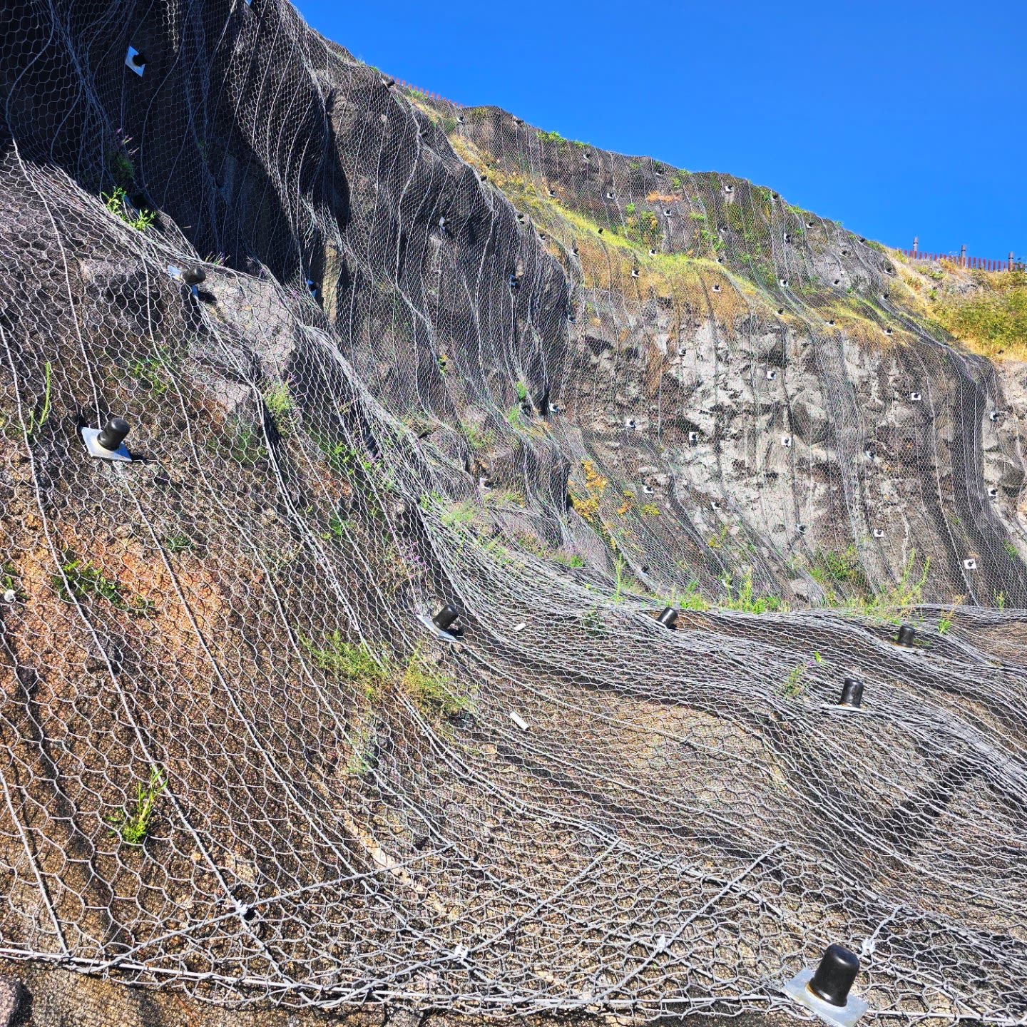 Tensioned mesh installed across a stabilised slope face