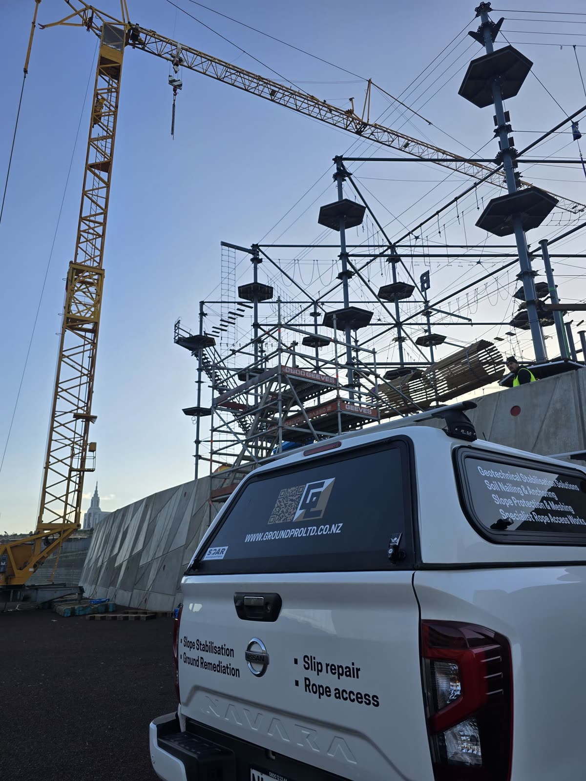 Rope access work on the Wero Climb steel framework